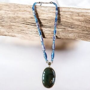Vintage Monet Blue Beaded Statement Pendant Necklace — Large Oval Green Cabochon